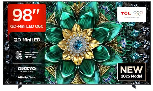 TCL 98Q6C 98 QD-Mini LED Smart TV, 4K HDR Premium 1000nits with Google TV (Dolby Vision IQ & Atmos, Matte HVA Panel, Onkyo 2.1 Sound System, Motion Clarity Pro, Hands-Free Voice Control)