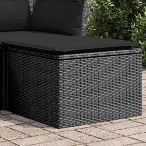 SDWEHO7 Lounge Sitzhocker mit Kissen, Stauraum mit wasserfesten Beutel, Stahlrahmen, Gartenhocker, UV-beständig, Witterungsbeständigkeit Hocker, Schwarz 55x55x37 cm Poly Rattan