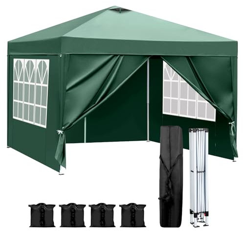 TactFire Pavillon 3x3m Pop-Up Faltpavillon,Wasserdicht Winterfest,Höhenverstellbar,Belüftungssystem,Stahlgestell UV-Schutz 50+,mit 4 Seitenwänden & 4 Sandsäcken,Für Garten,Camping,Party (Grün)