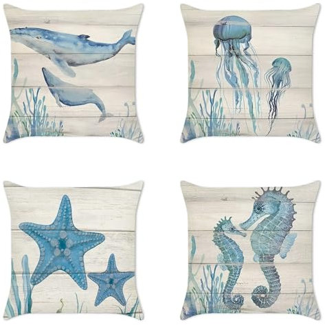 Leinen Kissenbezug 50x50 Blaues Meeresleben Muster Kissenhülle 4er Set Dekokissen Bezug für Couch Sofa Kissen Deko Zierkissen Couchkissen Outdoor Kissenbezug