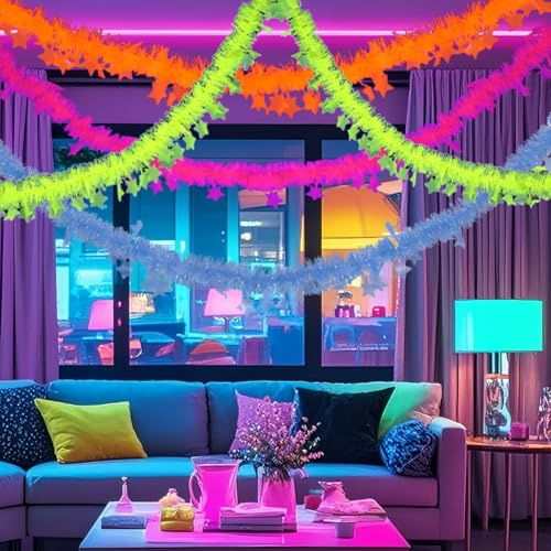 KARLOR UV Girlanden Set, 4 Stück 2M Neon Streifen mit Stern Dekoration Fluoreszierende Partydekorationen Schwarzlicht Glow Party Macarons Girlande Streifen Dekor leuchtende unter UV Licht