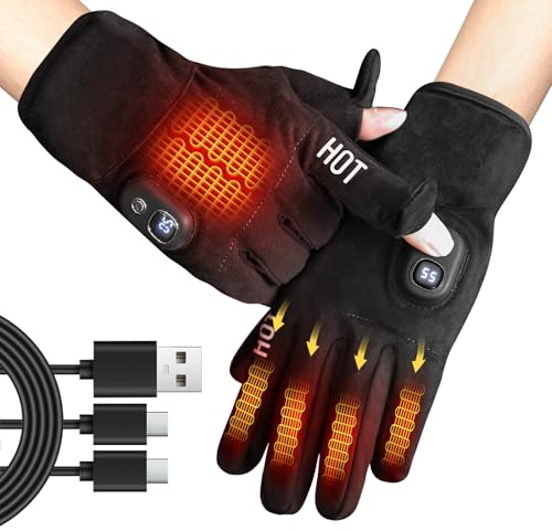 MetroTesco Rechargeable Electric Heated Winter Gloves for Men & Women, Smart Temperature/Battery Display, Thin Touchscreen Electric Heating Gloves for Motorcycling, Hunting, Skiing, Work(Lager)