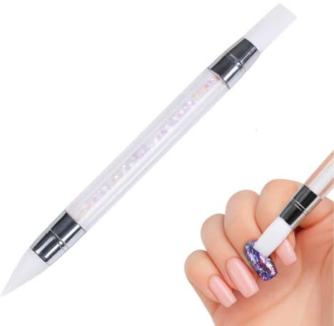Dual-Tipped Silicone Nail Art Pen - Reusable Chrome Powder Applicator with Crystal Beads Handle for Rhinestone Picking, Gel Carving and Home/Salon Manicure