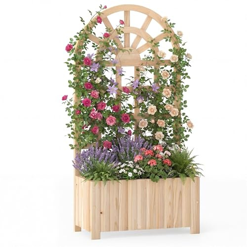 HOMASIS Fioriera con Grigliato per Rampicante, Vaso con Spalliera da Esterno con Sistema di Drenaggio, Portapiante Orto Rialzato da Giardino, Terrazzo, Balcone (Naturale, 61 x 30 x 121 cm)