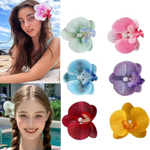 Spilla Capelli a Forma di Orchidea, 6 Colori, Fiore Artificiale con Perla, Accessorio per Capelli per Feste, Spiaggia e Matrimoni