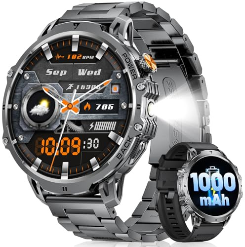 LIGEMI Reloj Inteligente Hombre con 1000mAh/LED Linterna, 1.85 HD Smartwatch Hombre con Llamadas Bluetooth, Frecuencia Cardíaca, Monitor de Sueño, IP68 Impermeable, 100+ Deportivos para Android iOS