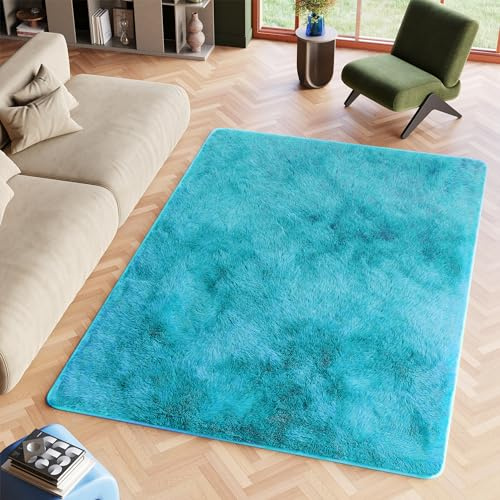 TAPISO Silk Teppich Shaggy rutschfest Türkis Einfarbig Antirutsch Hochflor Langflor Modern Schlafzimmer Wohnzimmer Bedvorleger ÖKO-TEX 120 x 170 cm