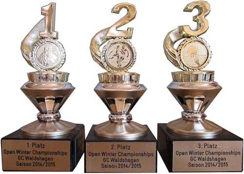 RaRu 3er-Serie extravagante Sport-Pokale mit Wunschgravur und Sport-Emblem (Flamme Gold/grau) (Badminton)