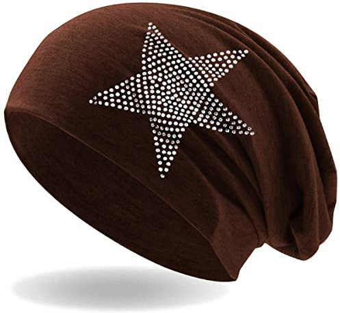 Hatstar Strass Stern Damen Beanie Mütze | elastisches Slouch Long Beanie | Mädchen Mütze | mit edler Strass Applikation | leicht und weich (Brown)