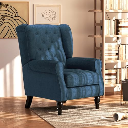HOMCOM Mid-Century Modern Accent Chair, High Wingback Reading Chair, Button-Tufted Upholstered Fabric Armchair with Retro Wood Legs for Apartment, Living Room, Bedroom, Blue