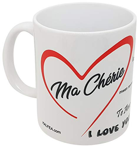 Kalféa - Taza de regalo de amor con corazón y yo te quiero, en varios idiomas, ideal para San Valentín, cumpleaños, Navidad o fiesta, cerámica, Anse Normale, Ma Chérie