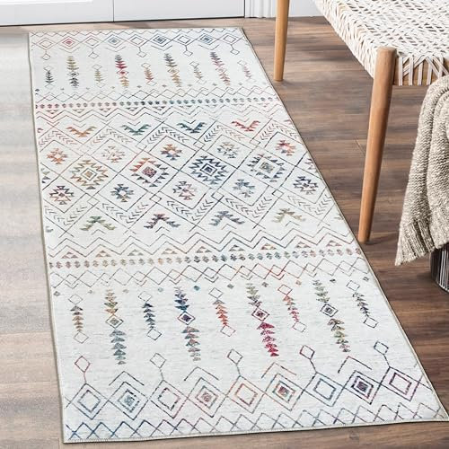 ReaLife Waschmaschine Teppich Läufer - Wohnzimmer Schlafzimmer Badezimmer Küche Flur Büro - rutschfest Kurzflor Fleckenbeständig - Geometrisch Marokkanisch Tribal - Beau - Elfenbein Multi - 75 x 180