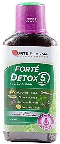 Forté Detox 5 Órganos es un complemento alimenticio que cuenta con una asociación de plantas como la alcachofa, el abedul, la clorela, la bardana, la ortiga, el romero y el zumo de limón.