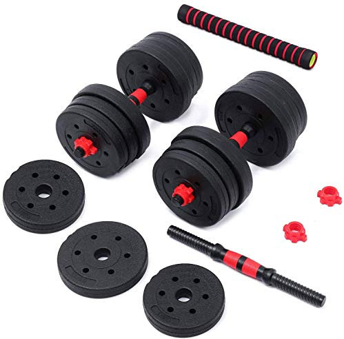 MAXSTRENGTH Adjustable Vinyl Dumbbell Barbell Pair of Weights with Bar Spinlock for Home Gym Workout with Vinyl Weight Plates and Bar with Quick Change Collars Dumbbells Black/Red