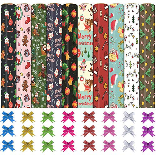 Geschenkpapier Weihnachten aus Kupferdruckpapier 70x50cm, Bst4U 20 Blatt Weihnachtsgeschenkpapier mit 24 Schleifen aus Glitzerbeschichtung,10 Ausführung,Weihnachtspapier Set für Geschenkverpackung