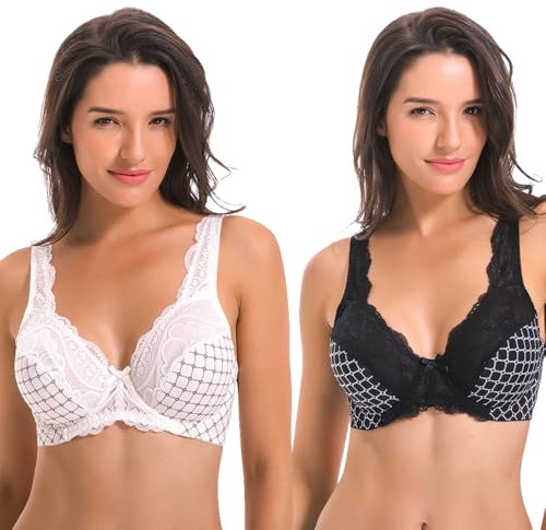 Curve Muse - Minimizer pour Femme, sans Doublure, Soutien-Gorge avec Armatures, avec Broderie, Dentelle, Paquet de 2-Blanc,Noir-110C