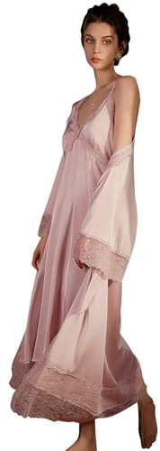 YAOMEI Chemises de Nuit Femmes Satin avec Kimono Robe, 2 Pcs Chemises de Nuit Femmes Ensemble de Pyjama, Dentelle Manches Longue Lingerie Peignoir Nuisette Pyjama (XL, A-Rose)