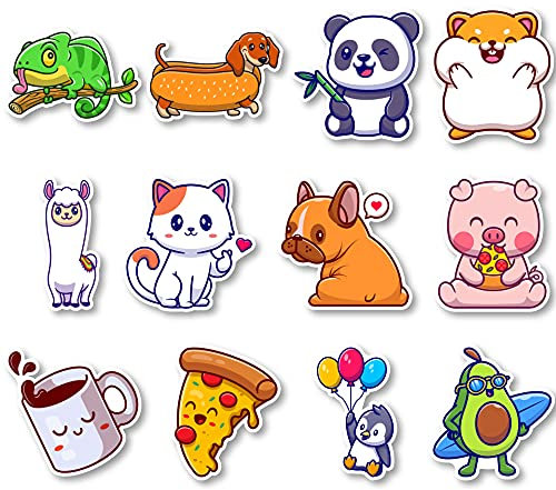 Pegatinas Kawaii Cute Animales Comida | Pack 12 Piezas | Adhesivos para Coche, Pala de Pádel, Ordenador, Guitarra, Agenda