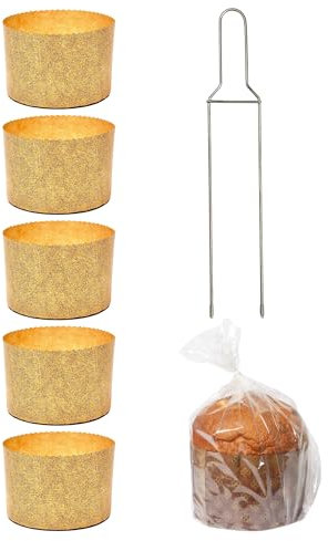 Kit Moule à Panettone Haut 750 gr + Broche à Panettone + 5 Sachets à Panettone avec Fermetures, Sacs à Panettone Professionnels 750 gr en Papier Naturelle Résistant à la Chaleur 200°C