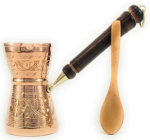 The Silk Road Trade,2022 GCP-Serie (groß) dickstes massives Kupfer gravierte, gehämmerte griechische türkische arabische Kaffeekanne mit Holzgriff, Herd-Kaffeemaschine Cezve, Ibrik, Briki (Kupfer)