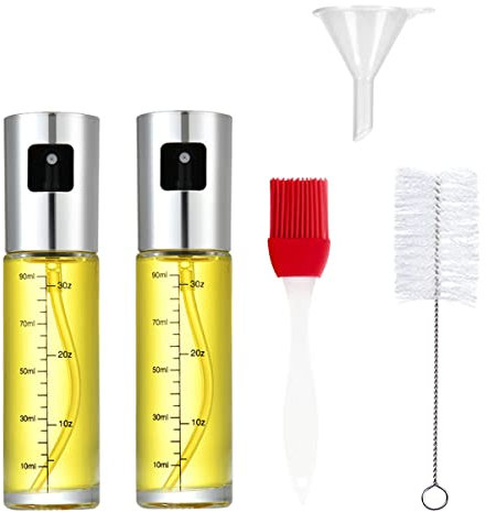 2 Pieces Oil Sprayer Bottle, 100Ml Multifunctional Olive Oil Sprayer Transparent Oil Sprayer Vinegar Sprayer Oil Dispenser with 1 Baking Brush, 1 Funnels and 1 Bottle Brush for Grilling Cooking Baking