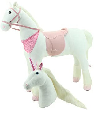 Sweety Toys 13869 Plüsch Stehpferd stabiles Robustes XXL Pferd/Einhorn Höhe 125 cm Pferd Reitpferd weiß mit Stahlunterbau- mit 2 Wechselköpfen