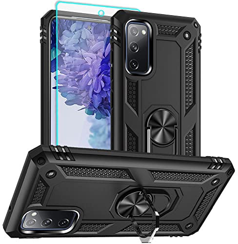 Aozuoton Samsung Galaxy S20 FE Hülle, Galaxy S20 FE Metallring Handyhülle & Schutzfolie, Hybrid Case Ständer Stoßstange Handy Hüllen Cover für Samsung Galaxy S20 FE,Schwarz