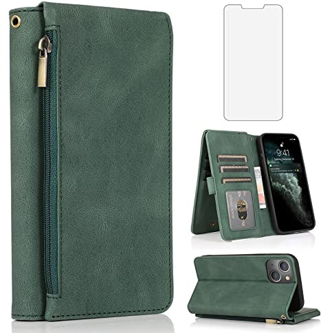 Asuwish Compatible with iPhone 13 6.1 inch Wallet Case Tempered Glass Screen Protector Zipper Leather Flip Cover Card Holder Stand Cell Phone for iPhone13 5G i i-Phone i13 iPhone13case Women Men Green