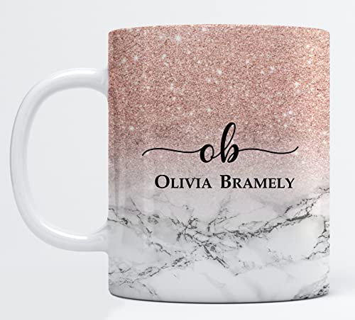 EKAM Personalised Marble Mug Initial with Name - Customised Gift for Mum, Dad, Kids or Girls - Tea Coffee Mug (11oz) (Rose Sparkle with Marble)