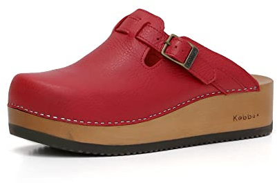 Kebba Liliane - Handmade Wooden Clogs with Genuine Leather | Arch Support and Comfortable Fit | Chilean Tepa Platform and EVA Sole |Made in Villarrica, Chile, Gypsy Red, 5-5.5