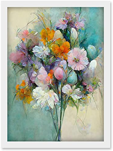 Doppelganger33 LTD Watercolour Pink Orange And Teal Spring Flower Bouquet Illustration Artwork Framed Wall Art Print A4