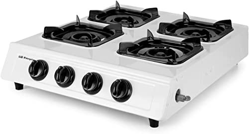 Hornillo a gas, gas butano o propano, encendido piezoeléctrico, cuatro quemadores triple corona, uso exterior, antideslizante, blanco y negro