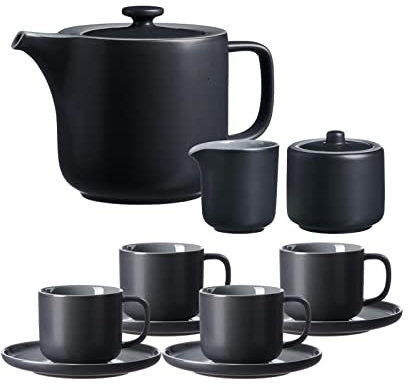 Ritzenhoff & Breker Jasper Teeservice für 4 Personen mit Kanne 1,4 Liter und Milch- & Zuckerset, Teetassen 240 ml mit Untertassen, Steinzeug, Geschirr-Set mit Mattglasur & Soft-Touch-Haptik, Schwarz