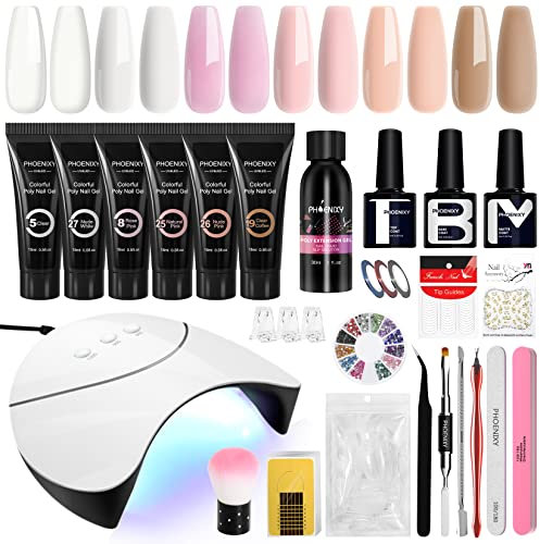 Phoenixy Kit Ricostruzione Unghie Gel Completo con 6 Colori 15ml Gel Ricostruzione Unghie, Lampada UV 36W, Base Coat e Top Coat