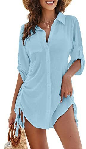 Blooming Jelly Womens Bathing Suit Cover Ups Bikini Swimsuit Coverup Drawstring Button Down Beach Dress Shirt, Sky Blue, Medium
