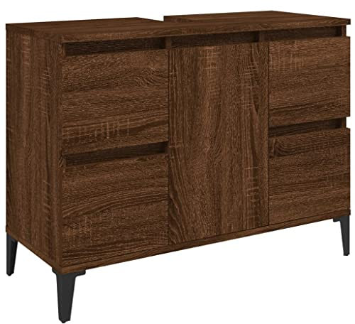 vidaXL Waschbeckenunterschrank, Badschrank mit 4 Schubladen 1 Fach, Waschtisch Unterschrank mit Metallfüßen Tür, Schrank Badunterschrank Badmöbel, Braun Eichen-Optik Holzwerkstoff