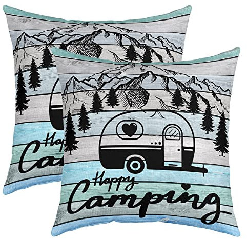 Camper Kissenbezug Kissenhülle Happy Camping Kissenbezüge 50x50cm 2er Set Kissenbezüge Weich Dekor RV Camping Sofakissen Couchkissen Cartoon Camping Auto Holz Korn Blau Dekokissens