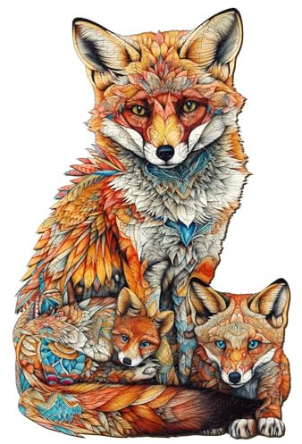 Funnli Holzpuzzles für Erwachsene und Kinder,Einzigartige Tierförmige Holz-Puzzle (Fox-Familie), Puzzle aus Tierteilen (M-12.8 * 8.3in-190 Stücks)
