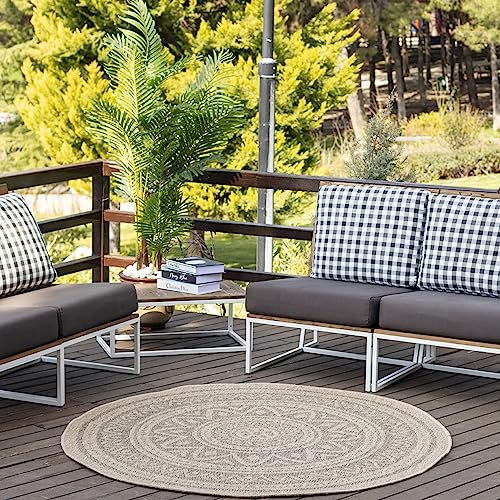 Livabliss Runder Outdoor Teppich Wetterfest, Braga - In und Outdoor für Balkon 100 cm, Terrasse, Garten, Küche - Boho Style für Draußen - Beige und Grau