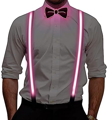 Ausolee Men's Braces, Luminous Men's LED Braces and Bow Tie, 2 Pieces/Set, for Music, Festival, Halloween Costume Party (Rosa)