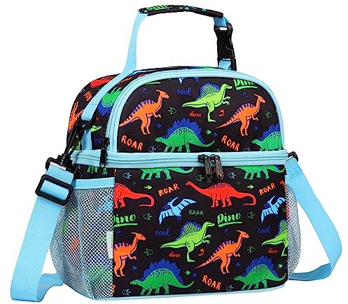 VASCHY Bolsa Almuerzo para Niños Niñas, Bolsa Térmica Porta Alimentos Nevera Portatil con Doble Compartimento, Bolsas Térmicas Infantiles para Escuela Guardería Picnic, Dinos Negros