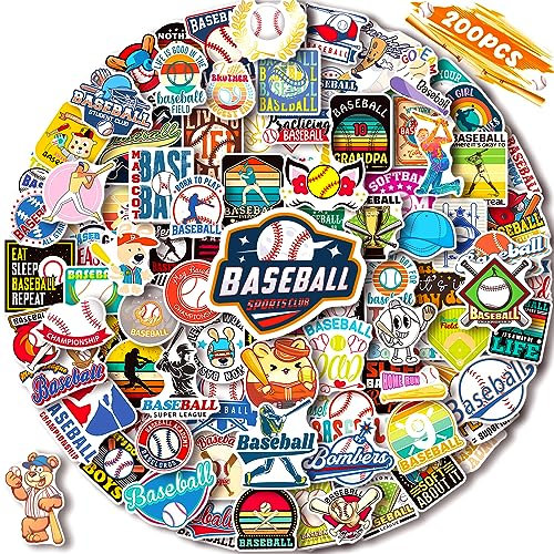 200 Stück Sport-Aufkleber, Sport-Aufkleber für Wasserflaschen, Basketball, Baseball, Fußball, Volleyball, Fußball (Baseball-Aufkleber)