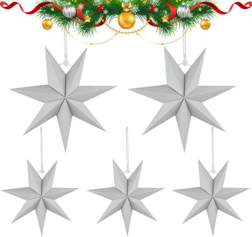 5 Stück Faltstern Weihnachten,7 Zacken Papiersterne,40cm Papierstern Dekoration,Papier Faltsterne,Papiersterne Weihnachten,Stern zum Aufhängen,Papiersterne 3D,Papiersterne zum Aufhängen (Grau)