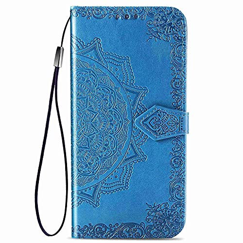 WBWONE Étui pour Realme C51 / Realme Note 50 Coque, Gaufrage Mandala Protection Etui Antichoc TPU Housse Premium en Cuir PU ave Portefeuille Fentes pour Cartes. Bleu