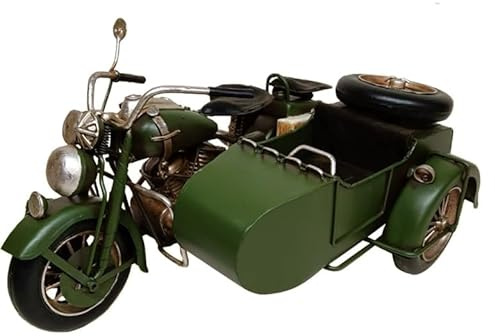 Metal Tin Vintage Collectible Models Classic Transport Cars Scooters Motorbikes Planes Trains Tractors (Metal Tin Green Motorcycle with Side cart Tin Model)