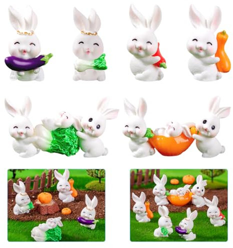 Koonafy 10 Stück Osterhasen Figuren Harz + 8 Stücke Gemüse Ornament, Miniatur Kaninchen Figur Hase Tierfigur Garten Mikrolandschaft für Fee Garten Hof Rasen Ornament Mini Hase Deko
