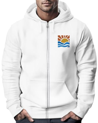 Neverless® Sweatjacke Herren Zip Hoodie Pullover Kapuze Logo Print Sommer Sonne Welle Strand Meer Fashion Streetstyle weiß M