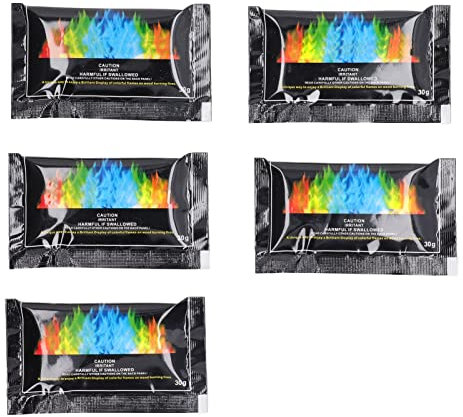 5 Stück Magical Flames Feuer-Farbwechsel-Päckchen, 5 Farben, Langlebiges, Farbwechselndes Kosmisches Flammenpulver für Drinnen und Draußen, 30 G