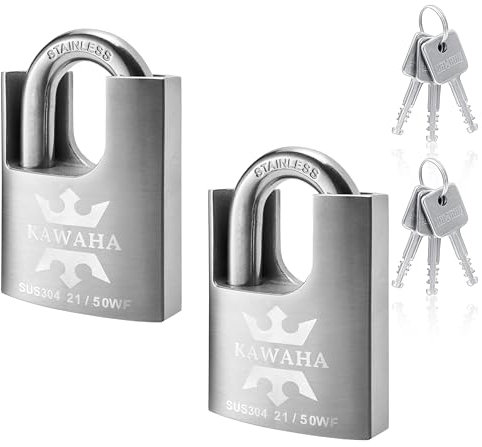 KAWAHA 21/50-2PS Hochsicherheits-Vorhängeschloss aus Edelstahl mit Edelstahlschlüssel für den Innen- und Außenbereich (robust, rostfrei) (50 mm), gleichschließend, 2 Stück
