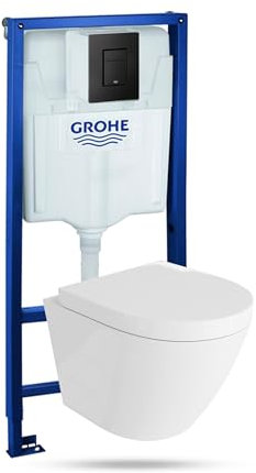 LAVITA Vorwandelement Solido + Wand Hänge WC Sogo Weiß Spülrandlos + + WC Sitz mit Absenkautomatik Schwarzer Knopf Komplettset Unterputz Spülkasten Toilette Komplett Sett WC
